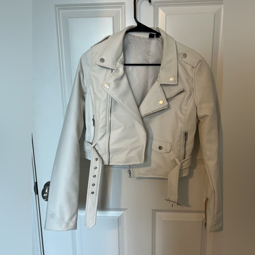 Cream Cropped Leather Jacket